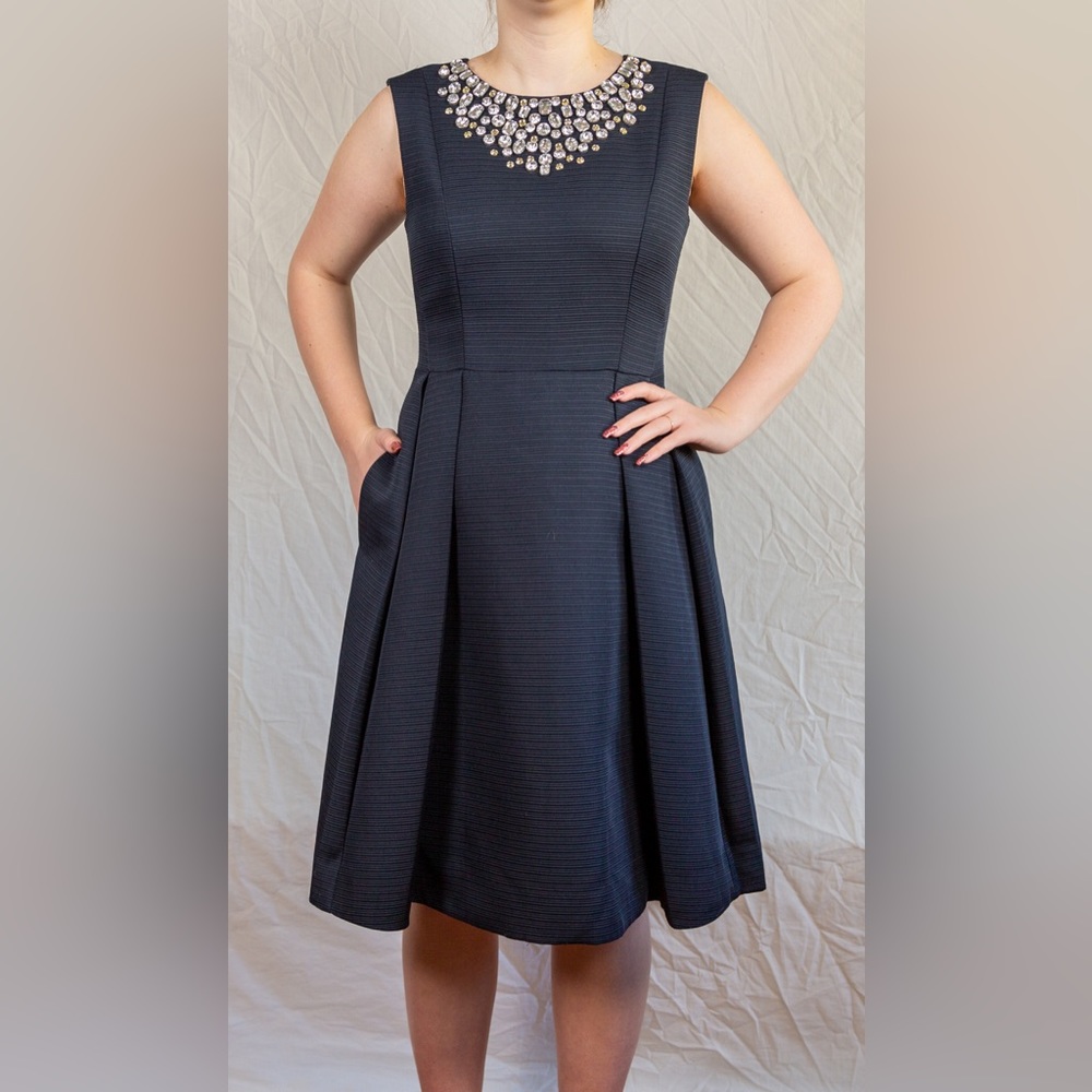 NWOT Kate Spade Sz 6 Navy Fit & Flare Pleated Dress Rhinestone Neckline